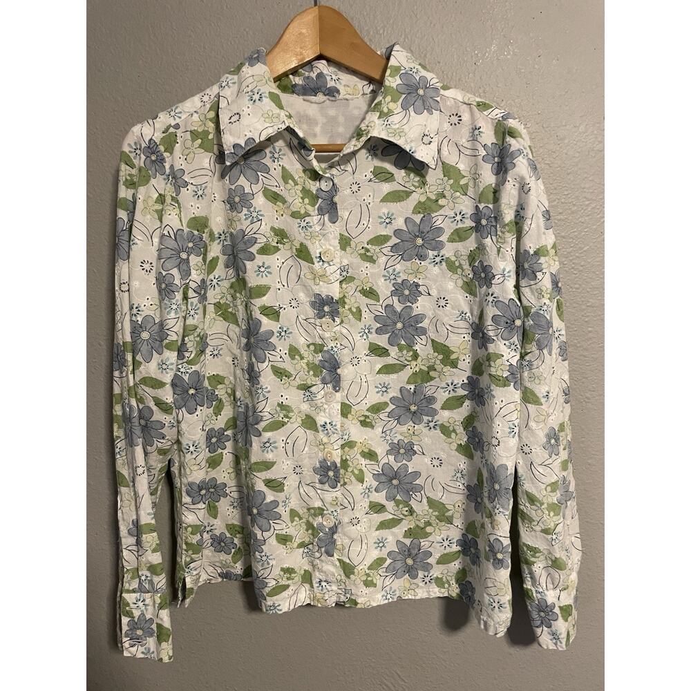 Vintage Womens Top Large White Floral Eyelet Cutout Button Up Cottagecore 90s
